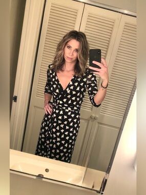 Diane Von Furstenberg Black Wrap Maxi Dress with White Bird Motif